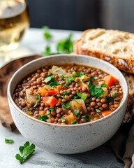 Gut and stomach's care foods concept. Bowl of lentil soup with a side of sourdough bread, minimalistic healthy meal for digestion