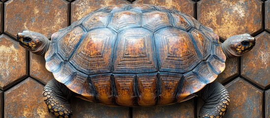 Fototapeta premium Tortoise Shell Texture Against Rusty Hexagon Background