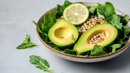 Gut and stomach's care foods concept. A fresh salad of leafy greens, sliced avocado, and sprouted grains, clean and vibrant gut health focus