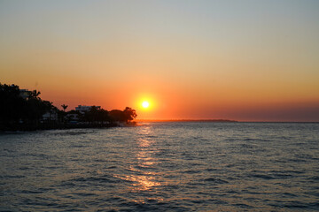 Fototapeta premium Sunset Over Calm Waters with Silhouettes of Birds and Trees Along the Shoreline 