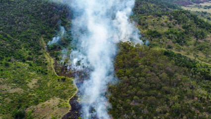 Aerial View of Controlled Burn in a Grassland Area with Smoke Rising into the Sky  