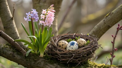 Obraz premium easter eggs in a nest on a tree