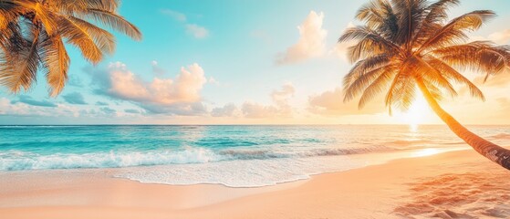Tropical Beach Sunset Palm Trees Ocean Waves Sand