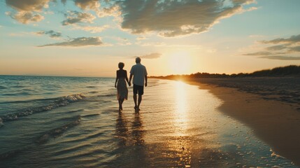 Happy senior man and woman old retired couple walking a beach at sunset