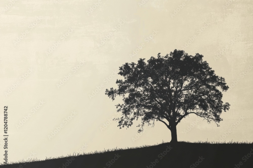 Poster silhouette of a large tree on a hillside against a soft sky during early morning light. generative a