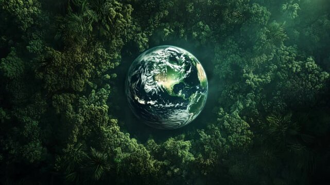 Top view of earth surrounded by green vegetation, with a dense forest in the background, earth day concept