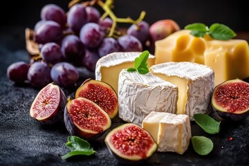 Selection of firm cheeses accompanied by grapes and figs on a dark surface traditional varieties from Spain France and Italy