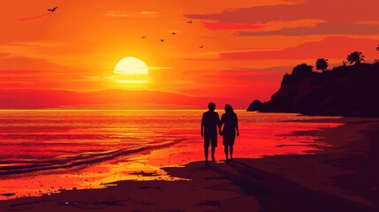 Fototapeta premium Happy senior man and woman old retired couple walking a beach at sunset