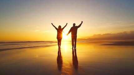Fototapeta premium Happy senior man and woman old retired couple walking a beach at sunset