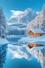 Fototapeta premium House and winter forest over lake with reflection covered by heavy snow.