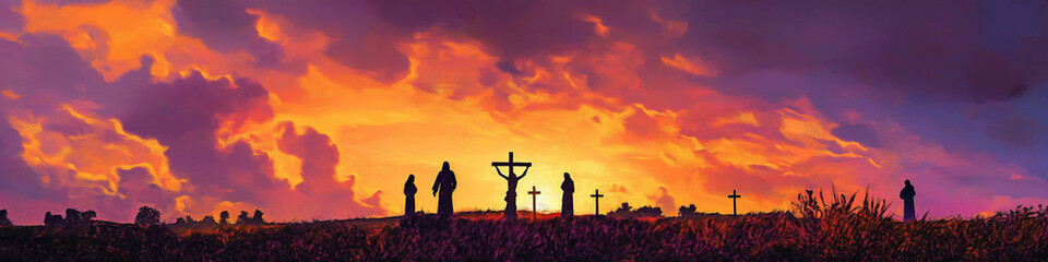 Powerful Silhouette of Jesus Carrying the Cross Against a Dramatic Sunset with Three Crosses Symbolizing Sacrifice and Redemption







