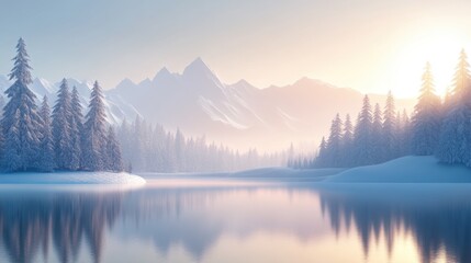 Fototapeta premium Beautiful majestic landscape with snow covered forest and lake