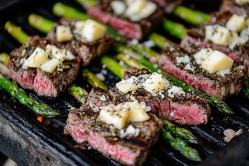 Steak with olive tapenade topped with asparagus and cheese
