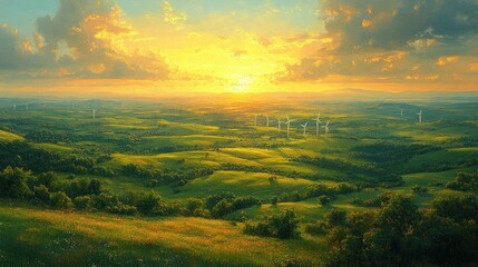 Fototapeta premium Wind Turbines Generating Renewable Energy in a Green Landscape at Sunset