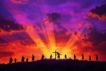 Fototapeta premium Powerful Silhouette of Jesus Carrying the Cross Against a Dramatic Sunset with Three Crosses Symbolizing Sacrifice and Redemption