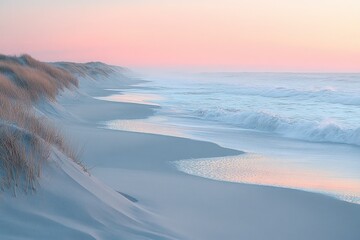 Fototapeta premium Winter Coastal Landscape at Vejlby Klit Denmark with Snow Covered Dunes and Gentle Waves
