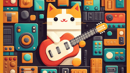 A playful cat with a guitar surrounded by colorful music equipment in a vibrant, artistic style.