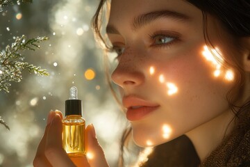 Fototapeta premium Beautiful woman applying face serum with pipette for skin care and rejuvenation