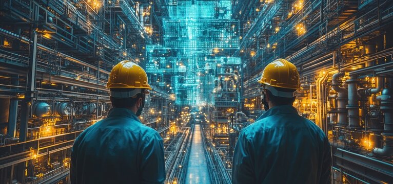 Engineers in Neon Industrial Scene with AI Factory System in Production Line for Electric Vehicles and Smart Manufacturing