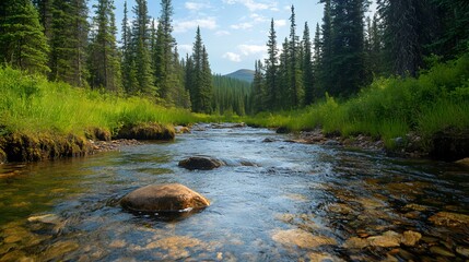 Crystal Clear River in a Lush Forest