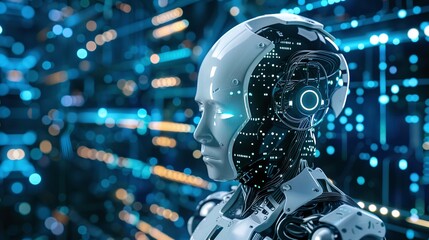 Fototapeta premium Futuristic Robot Head with Glowing Connections Exploring Vast Digital Universe Symbolizing Intelligence Technology and Humanity s Advancement in Science and Innovation