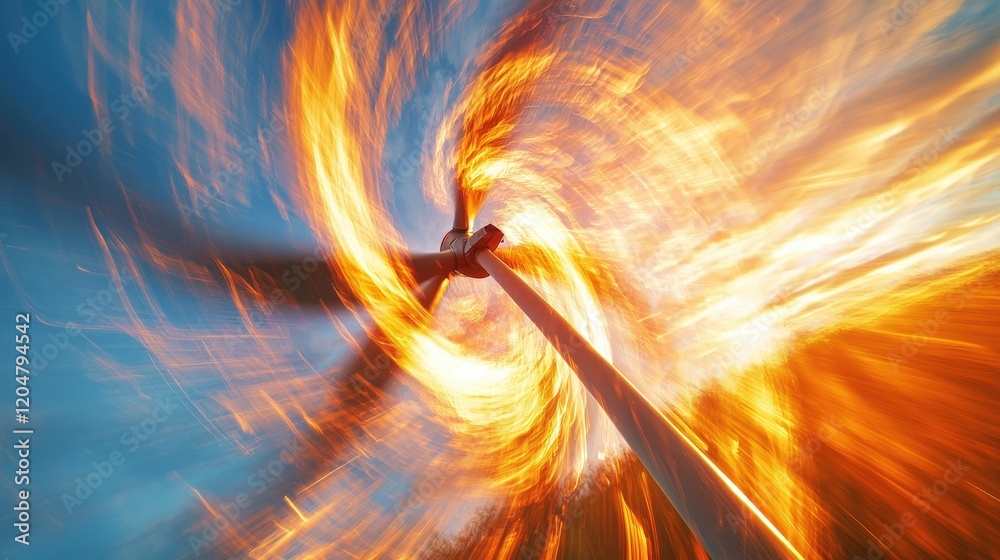 Wall mural dynamic view of wind turbine with abstract fiery swirl effect at sunset
