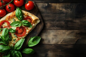 Tasty pizza calzone classic Italian dish with tomatoes and fresh basil on a rustic wooden surface
