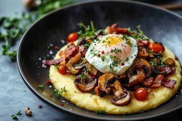 Tasty polenta topped with roasted mushrooms crisp bacon and a poached egg garnished with fresh herbs on a table