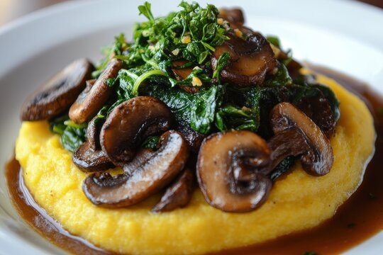 Tasty polenta with mushrooms mashed potatoes and spinach Italian cuisine Zoomed in