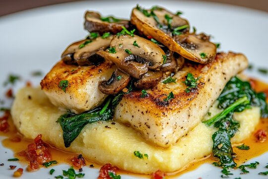 Tasty polenta with mushrooms mashed potatoes and spinach Italian cuisine Close up