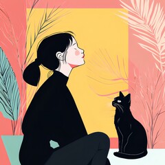 Woman and Cat in a Minimalist Illustration