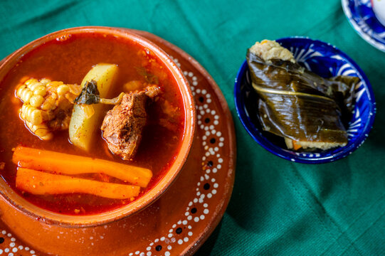 Churipo, Traditional Beef Stew From Michoacan, Mexico, Accompanied by a Corunda