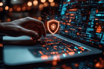 Data Security Shield Protecting Sensitive Information on Laptop with Cybersecurity Elements
