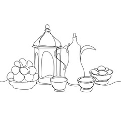 Lantern, teapot, cup and fast breaking dish for iftar with ramadan kareem in one single continuous line drawing style. Ramadan kareem concept.