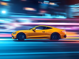 Obraz premium Yellow Coupe in Motion at Night