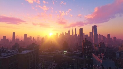 Fototapeta premium Cityscape Sunset: A breathtaking view of the city skyline bathed in the warm glow of the setting sun, casting a magical spell over the urban landscape.