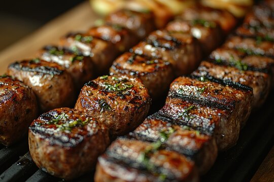 Grilled Sausages Wrapped Steak and Offal Rolls in Warm Golden Lighting