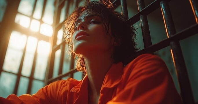 Female Prisoner in Orange Jumpsuit Leans Against Bars in Contemplative Moment