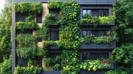 A modern, multi-story building is depicted with walls primarily composed of glass and concrete.