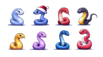 Cute Cartoon Snakes - Chinese New Year Symbol in Santa Claus Hat - Vector Baby Illustration