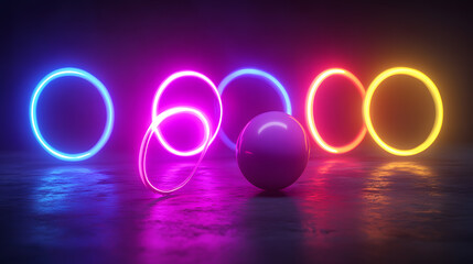 A vibrant sphere rests amidst a constellation of neon circles in a dark, moody setting.  The glowing rings cast colorful reflections on the reflective surface.