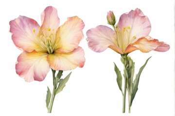 Fototapeta premium Vibrant Watercolor Illustration of Pink and Yellow Flowers in Full Bloom on White Background with Realistic Details.