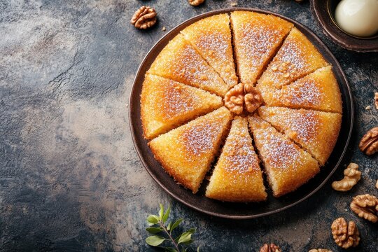 Top view of traditional Middle Eastern sweets for Eid and Ramadan including walnut semolina cake basbousa namoora and hareesa