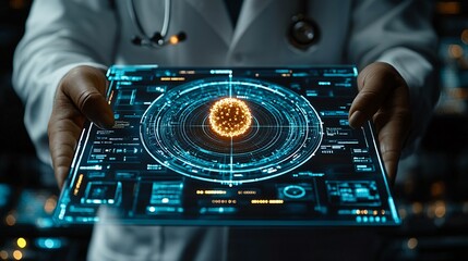 Naklejka premium Glowing Virus Symbol in Futuristic Medical Display