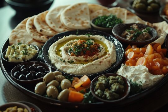 Traditional Arabic dishes Middle Eastern mezze with pita olives hummus dolma and spiced labneh balls Mediterranean appetizer concept
