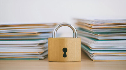 secure padlock stands between stacks of organized documents, symbolizing protection and confidentiality. This conveys sense of safety and order in managing important information