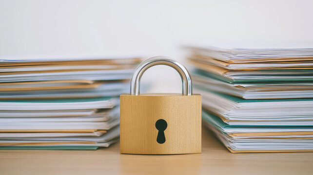 secure padlock stands between stacks of organized documents, symbolizing protection and confidentiality. This conveys sense of safety and order in managing important information