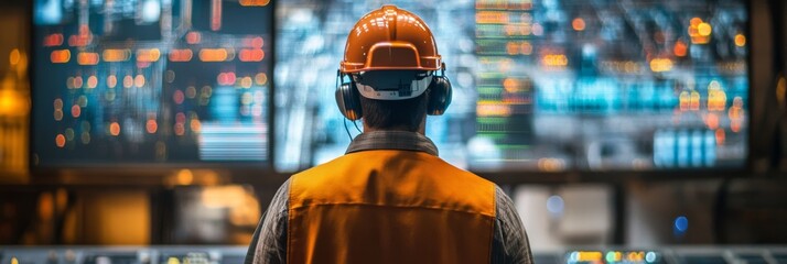 Engineering person in a control room monitoring live data from high-voltage power lines, large digital screens showing energy flow and metrics, wearing a headset for communication.