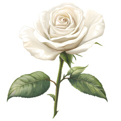 Obraz premium Elegant White Rose on Stem with Lush Green Leaves and Thorns