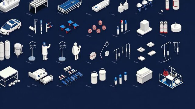 Detailed illustration of medical equipment and supplies arranged in a systematic layout